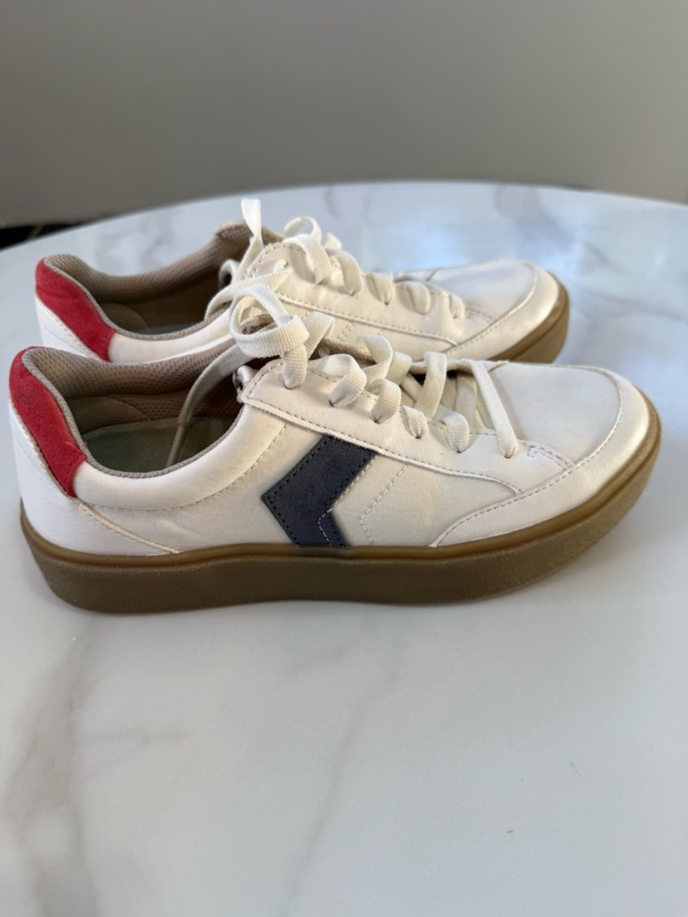 Dr. Scholl's White Sneakers with Navy Chevron and Red Heel